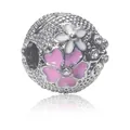 Silver bead charm with pink and white enamel flowers and crystals for DIY bracelets - Pink Petal Stopper Clip