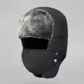 Men's winter aviator trapper hat in black waterproof fabric with grey faux fur and face mask - M (56-58cm) / Gray