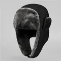Men's winter trapper hat with gray faux fur lining and ear flaps in black windproof fabric - M (56-58cm) / Black