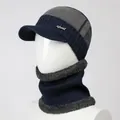 Men's winter knit beanie and neck warmer set with fleece lining in navy blue and grey - Set (Hat + Scarf) / Navy Blue