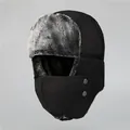 Close-up of black winter trapper hat with grey faux fur lining and detachable face mask - M (56-58cm) / Black