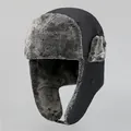 Close-up of winter aviator hat with thick grey faux fur lining and windproof black fabric - M (56-58cm) / Gray