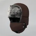 Close-up of winter trapper hat with grey faux fur lining and windproof mask details - M (56-58cm) / Coffee