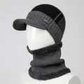 Detail of winter knit hat and neck warmer with thick faux fur lining and sport logo - Set (Hat + Scarf) / Gray