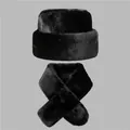 Winter men's faux fur trapper hat and scarf set providing thermal warmth in solid black - Hats And Scarves / Black