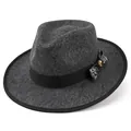 Classic dark grey wool felt fedora hat with paisley bow and golden button accent - M (56-58cm) / Dark Gray