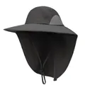Dark grey wide brim sun hat with neck flap and mesh panels for outdoor UV protection - One Size / Dark Gray