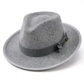 Detail of wool fedora with paisley bow ribbon and decorative golden metal buckle - M (56-58cm) / Light Gray