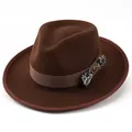 Detail of wool fedora hat with paisley bow accent and vintage metal buckle detail - M (56-58cm) / Coffee