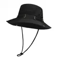 Detail of black outdoor sun hat featuring metallic eyelets and adjustable windproof cord - M(56-58cm) / Black