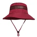 Detail of dark red outdoor sun hat showing mesh vent and adjustable windproof strap - M (56-58cm) / Burgundy