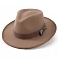 Detail of wool fedora hat featuring paisley print ribbon and vintage gold metal buckle - M (56-58cm) / Tan