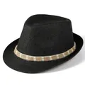Detailopname van zwarte strooien fedora hoed met wit gestikte band en vlechtstructuur - M / Zwart