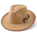 Close-up of camel wool fedora hat featuring paisley bow tie and antique copper button - M (56-58cm) / Camel