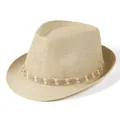 Close-up of beige straw fedora hat featuring woven rope band with white cross stitching - M (56-58cm) / Beige