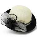 Elegant linen hat for women featuring a black mesh veil, fabric flower, and feather accents - M (56-58cm) / Off White
