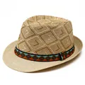 Men's straw fedora hat in light beige with ethnic patterned band for sun protection - M(56-58cm) / Beige