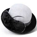 Elegant vintage French linen sun hat with black contrast brim and feather floral decor - M (56-58cm) / Black & White