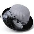 Elegant grey and black linen hat for women with mesh, feathers and floral accents - M (56-58cm) / Gray