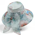 Women's elegant blue floral sun hat with large bow detail and wide brim for summer - M (56-58cm) / Blue