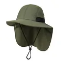 Detail of army green sun hat with wide brim, neck flap and breathable mesh side vents - M (56-58cm) / Army Green