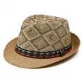 Classic woven straw fedora hat with geometric patterns and colorful ethnic band - M(56-58cm) / Khaki