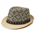 Mens woven straw fedora hat featuring black and white geometric patterns and ethnic ribbon - M(56-58cm) / Black