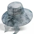 Detail of elegant sun hat showing sheer organza fabric and blue tie-dye floral pattern - M (56-58cm) / Gray