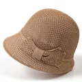 Dames zonnehoed in lichtbruin geweven ontwerp met een stijlvolle strik decoratie - M (56-58cm) / Khaki