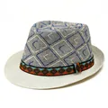 Men's retro straw fedora hat featuring blue diamond pattern and ethnic woven band - M(56-58cm) / White