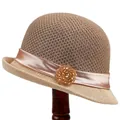 Elegant vintage khaki woven cloche sun hat with champagne ribbon and crystal brooch detail - M (56-58cm) / Khaki