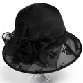 Elegant black organza sun hat for women with large floral applique and rose embroidery details - M(56-58cm) / Black