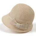 Lichtbeige zonnehoed voor dames met geweven textuur en strik voor zonbescherming - M (56-58cm) / Beige