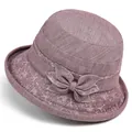 Elegant cloche hat for elderly women featuring rose pink fabric and decorative bow - M / Taro