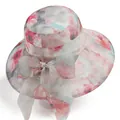 Close-up of wide-brim floral sun hat with light watercolor print and bow detail - M (56-58cm) / Pink
