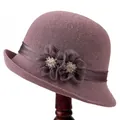 Chapeau cloche vintage français mauve avec ruban en satin, fleurs et perles de cristal chic - M (56-58cm) / Vieux rose
