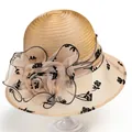 Elegant organza sun hat for women with large lace flower and black floral embroidery details - M(56-58cm) / Khaki