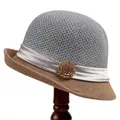 Detail of elegant gray and brown woven sun hat with satin ribbon and floral bead accent - M (56-58cm) / Gray