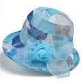 Detail of blue floral sun hat featuring large organza flower and wavy stitching accents - M / Blue