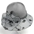 Detailed view of silver organza sun hat with black rose pattern and large mesh flower - M(56-58cm) / Gray