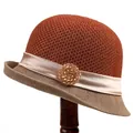 Elegant brick red and khaki vintage cloche sun hat with crystal sunflower brooch - M (56-58cm) / Orange