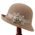 Detail of brown straw sun hat featuring satin ribbon and floral accents with beads - M (56-58cm) / Khaki
