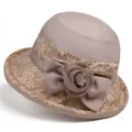 Women's pink lace sun hat with wide brim and elegant floral bow for summer UV protection - M(56-58cm) / Khaki