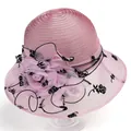 Detail of elegant pink organza sun hat featuring black rose print mesh and floral trim - M(56-58cm) / Pink