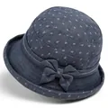 Chapeau de soleil bleu marine pour femmes âgées avec motif feuilles et un nœud - M (56-58cm) / Bleu