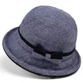 Eleganter blaugrauer Leinen-Anglerhut für Damen mit schwarzem Band und Schleifen-Detail - M / Blau