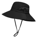 Men's wide brim black sun hat with breathable mesh and adjustable chin strap - M (56-58cm) / Black