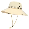 Detail of cream wide-brim cowboy hat with leather cross-stitch band and wind cord - M(56-58cm) / Beige