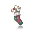 Christmas stocking charm with candy cane detail in red and green enamel on gold alloy - Red and White Enamel Christmas Sock