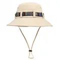 Detailed macro view of an outdoor sun hat with ethnic style woven band and adjustable chin strap - M(56-58cm) / Beige